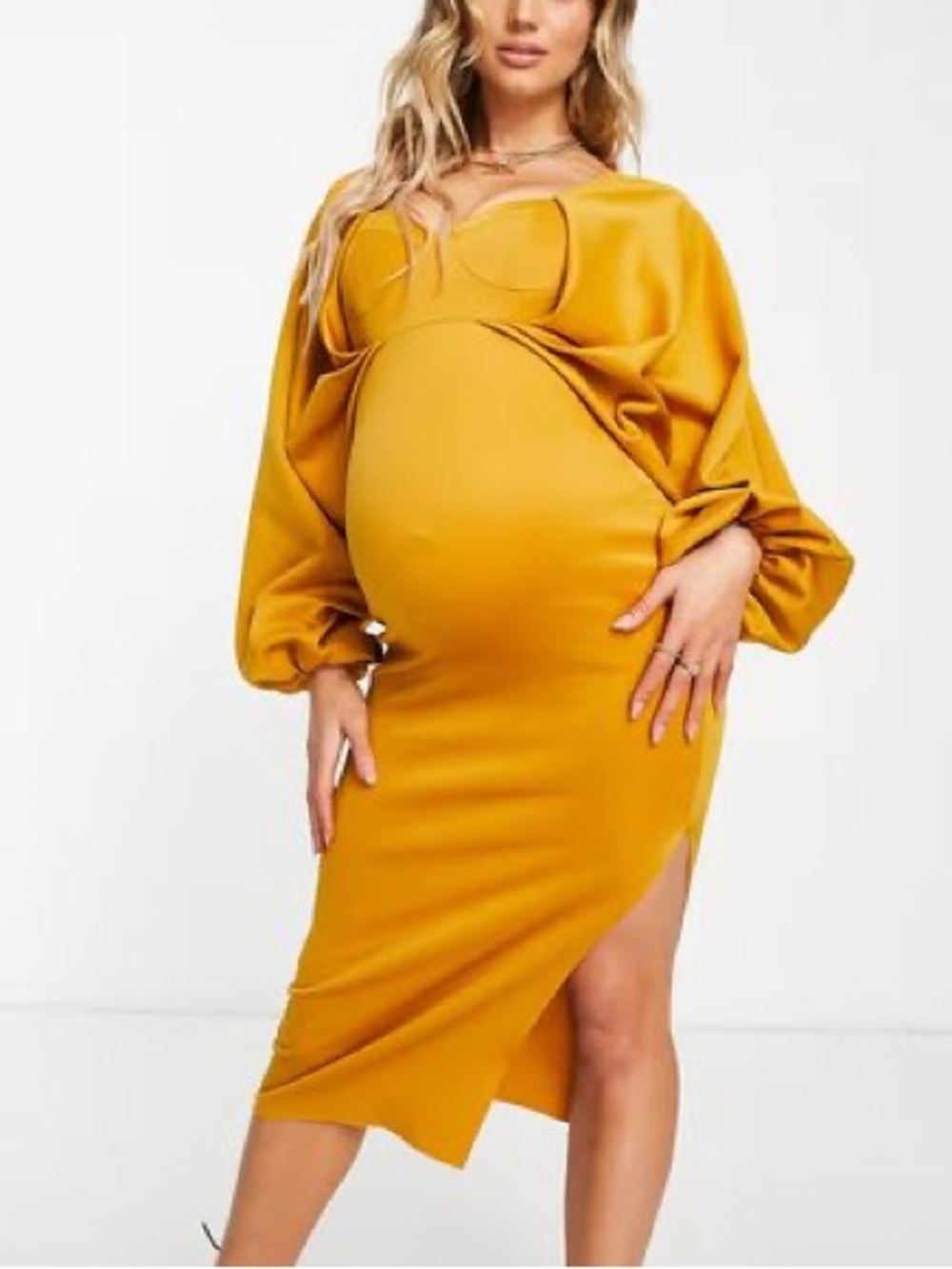ASOS maternity batwing sweetheart neck midi dress mustard yellow Sz 14 NWT